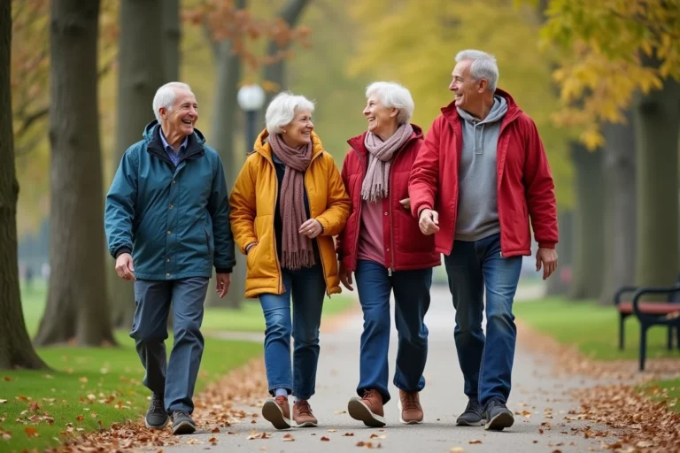 Groupe de seniors actifs marchant dans un parc ensoleille