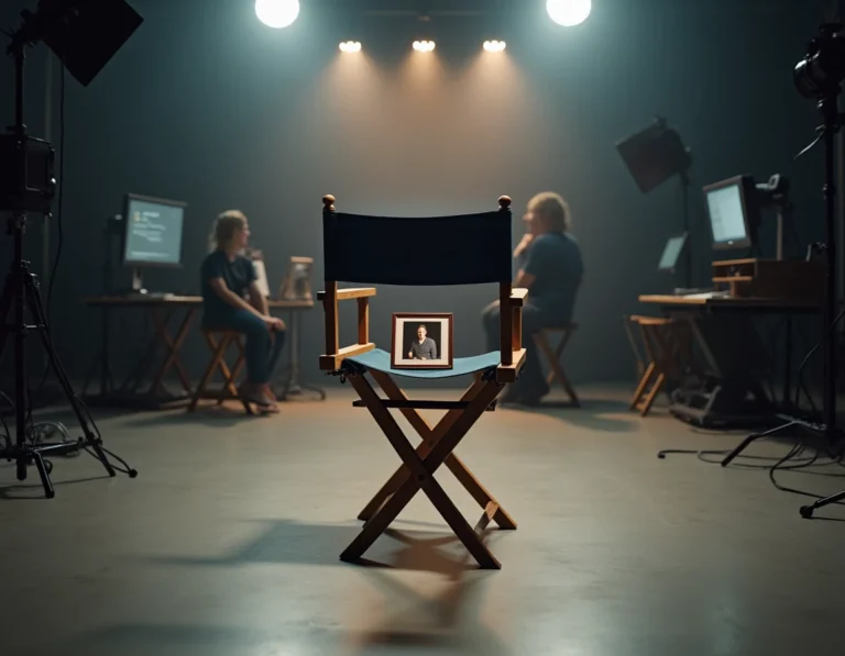 Chaise de réalisateur vide sur un plateau de tournage avec une photo commémorative, en hommage à un membre de l'équipe de la série NCIS