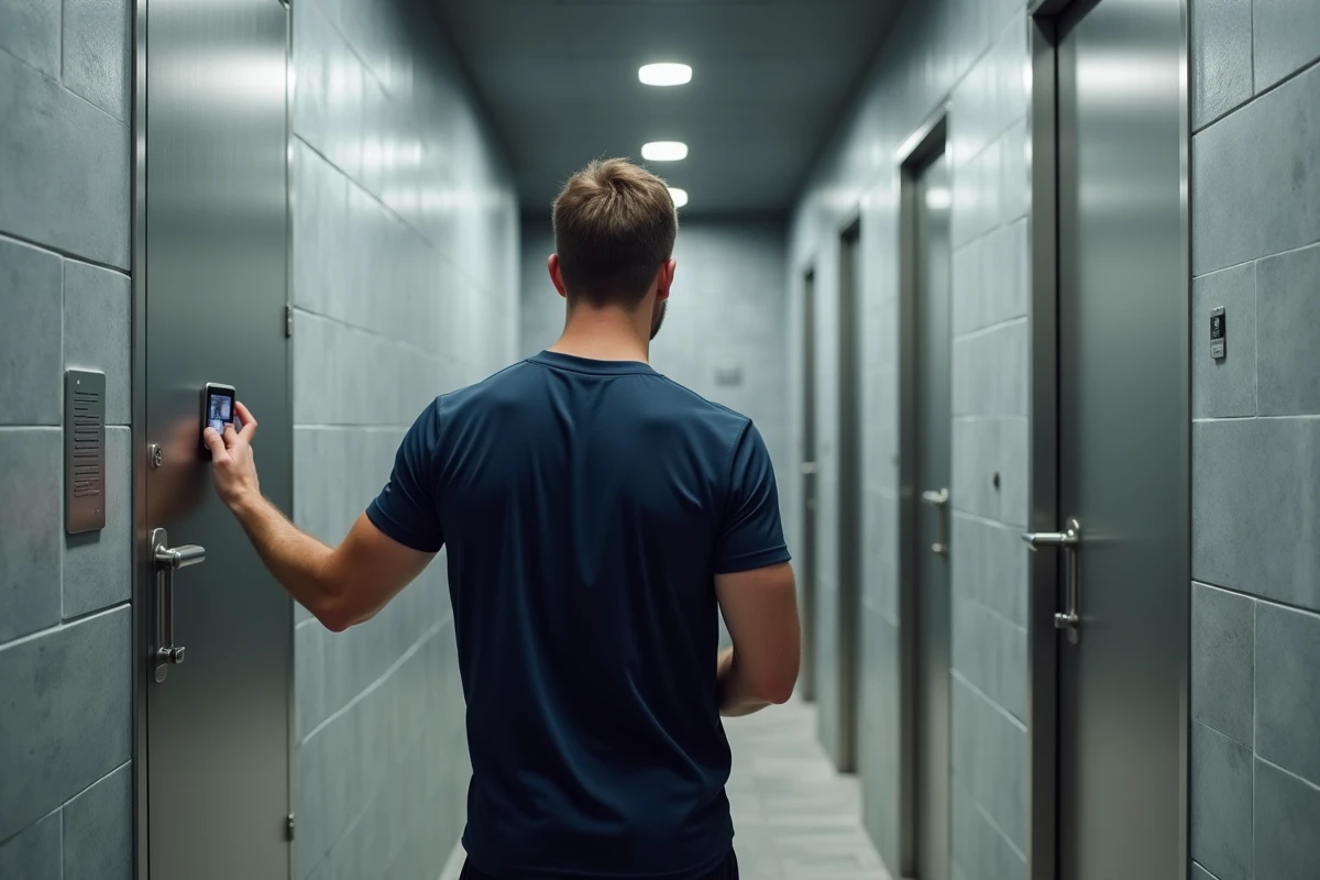Homme utilisant sa carte pour ouvrir la douche du fitness