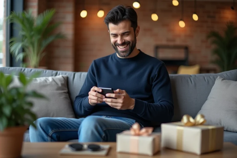 Homme souriant déballant un gadget dans un salon urbain