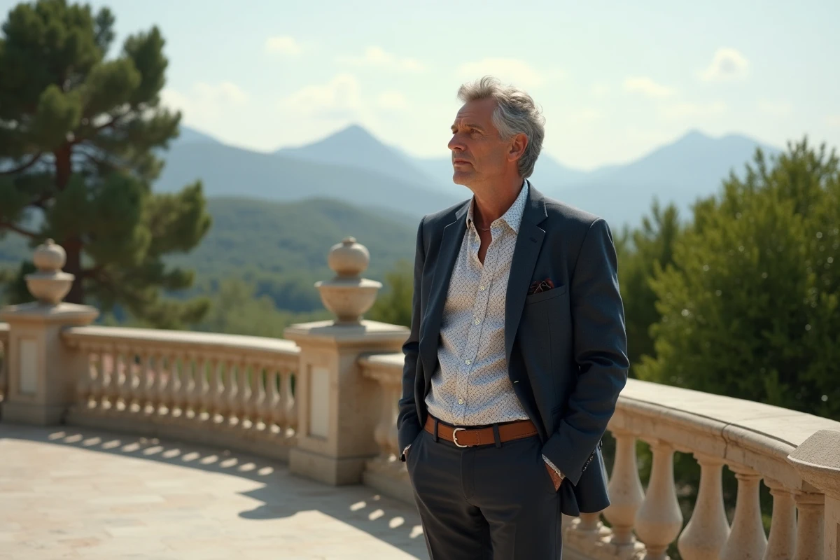 Homme détendu sur terrasse avec jardin et montagnes
