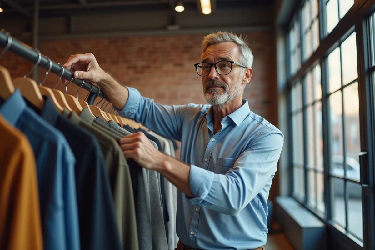 Homme comparant deux chemises dans une boutique urbaine