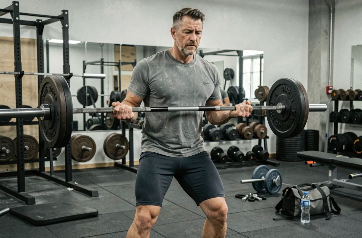 Homme de 40 ans soulevant une barre de musculation dans une salle de sport équipée