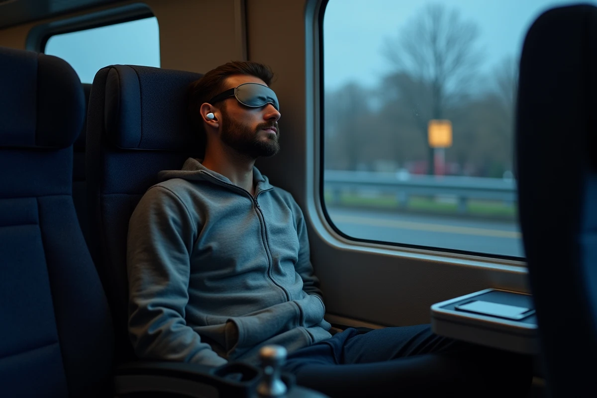 Homme assis dans un siège de bus de nuit avec masque de sommeil et écouteurs sans fil pendant un trajet Blablacar