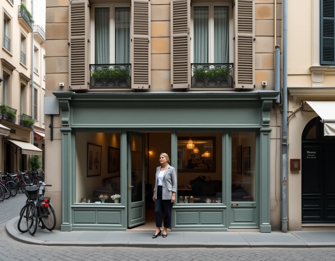 Propriétaire devant un immeuble à usage mixte commercial et résidentiel dans une rue européenne