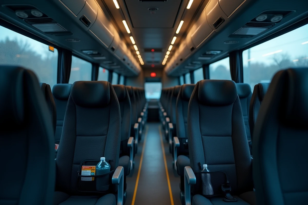 Intérieur d'un bus de nuit BlaBlaCar vide avec sièges inclinables et espaces passagers en classe économique