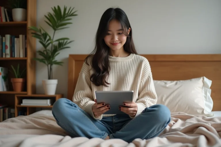 Jeune femme lisant manga sur tablette dans sa chambre