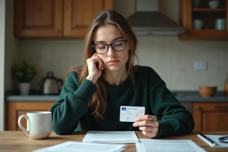 Jeune femme concentrée avec carte d'identité en main
