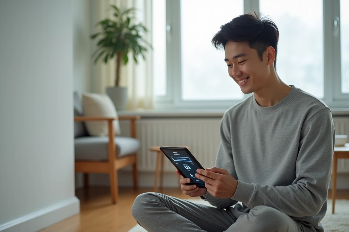 Jeune homme apprenant l'anglais sur une tablette dans un appartement moderne, avec une interface d'application affichant des nombres ordinaux en anglais