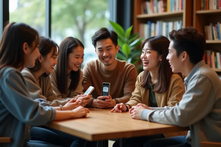 Groupe de jeunes adultes souriants dans un café chaleureux