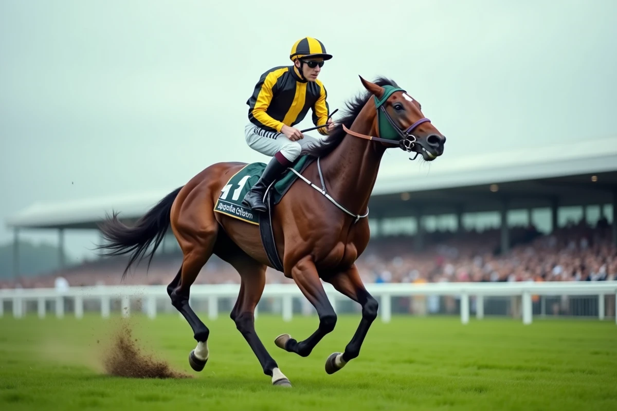 Jockey monté sur un cheval de course au galop sur un hippodrome professionnel lors d'une course