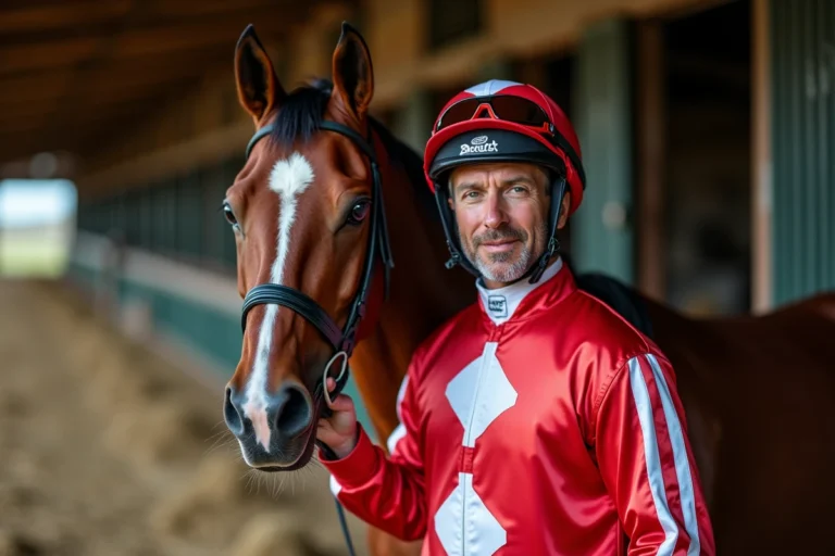 Jockey professionnel en tenue de course rouge et blanc aux côtés d'un cheval de course dans une écurie