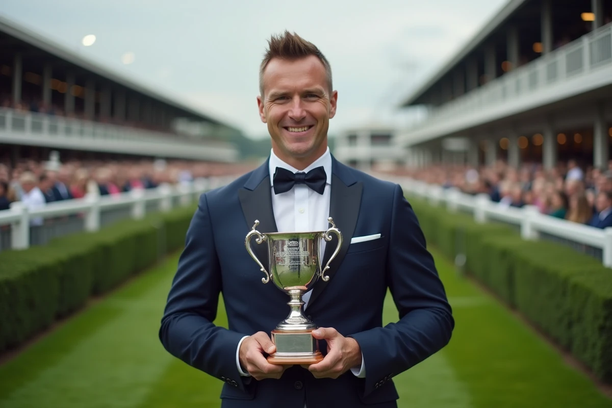 Jockey en costume élégant tenant un trophée de course hippique dans l'enceinte des vainqueurs