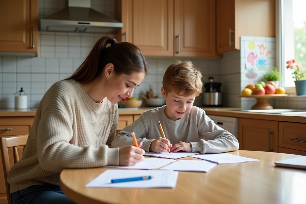 Maman aidant son enfant à faire ses devoirs à la maison