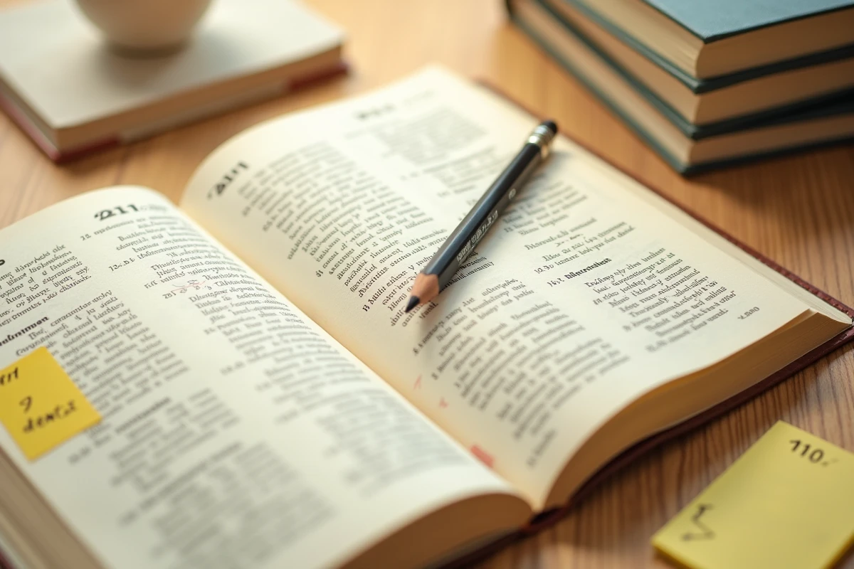 Gros plan d'un manuel de grammaire anglaise ouvert sur une table en bois avec des exemples de nombres ordinaux comme 21st surlignés en jaune