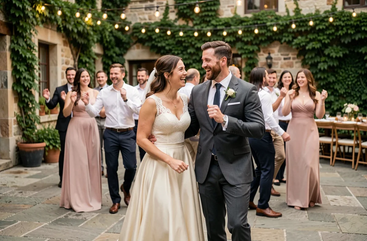 Mariés menant la danse Madison avec leurs invités lors d'une réception de mariage en plein air dans une cour en pierre décorée de guirlandes lumineuses