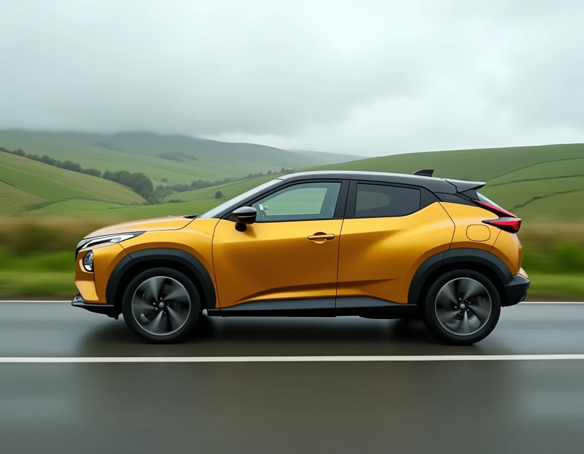 Nissan Juke 2026 hybride en mouvement sur une route de campagne, vue de profil dynamique