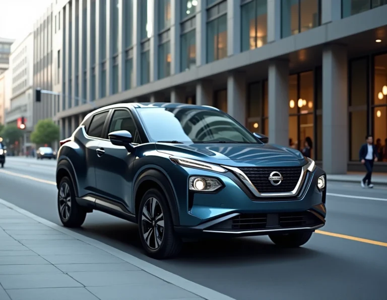 Nissan Juke 2026 hybride en bleu métallique garé en milieu urbain, vue trois quarts avant