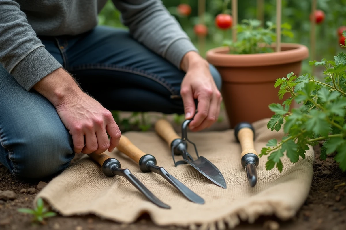 Homme choisissant une grelinette parmi des outils de jardinage bio posés sur une toile de jute