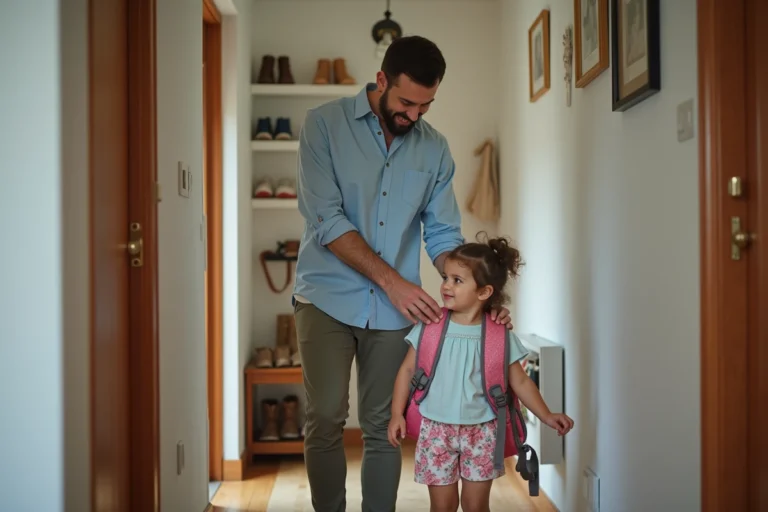 Père aidant sa fille à mettre son sac à dos à la maison