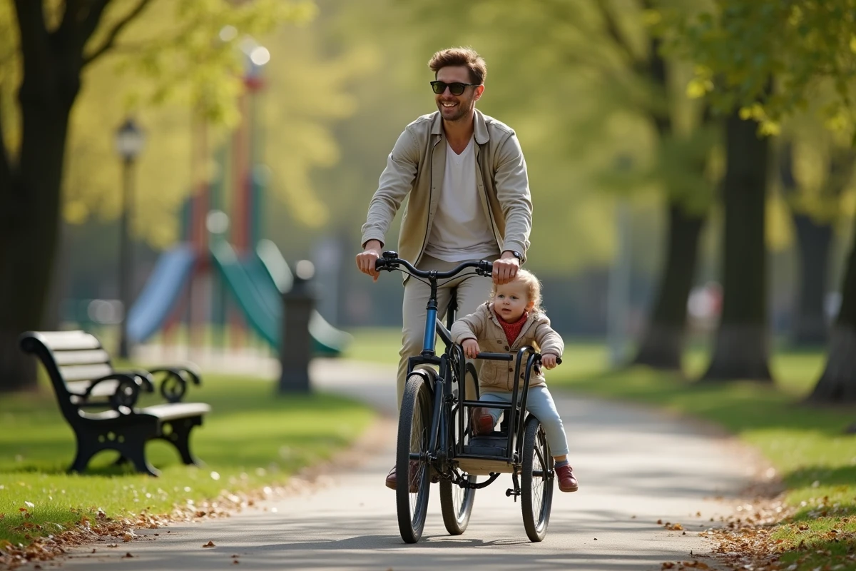 Père en vélo avec son enfant dans un parc printanier