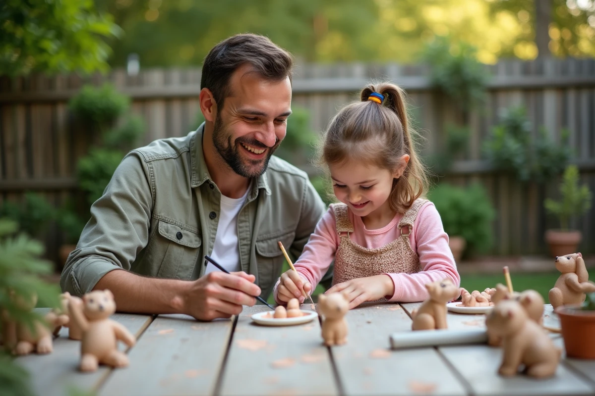 Père et fille peignant des figurines en extérieur