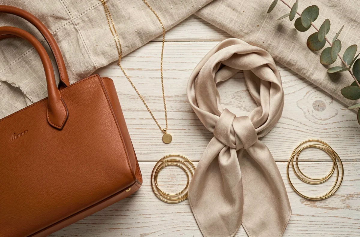 Plat posé d'accessoires féminins tendance style Jennifer Garner : sac en cuir cognac, collier doré et foulard en soie
