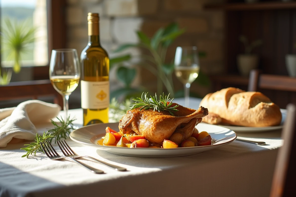 Poulet au vin jaune servi sur une table de ferme rustique