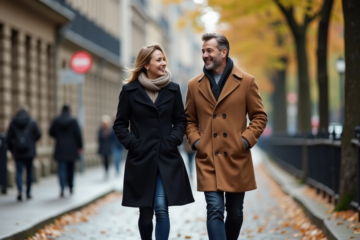 Couple en promenade dans une rue pavée en automne