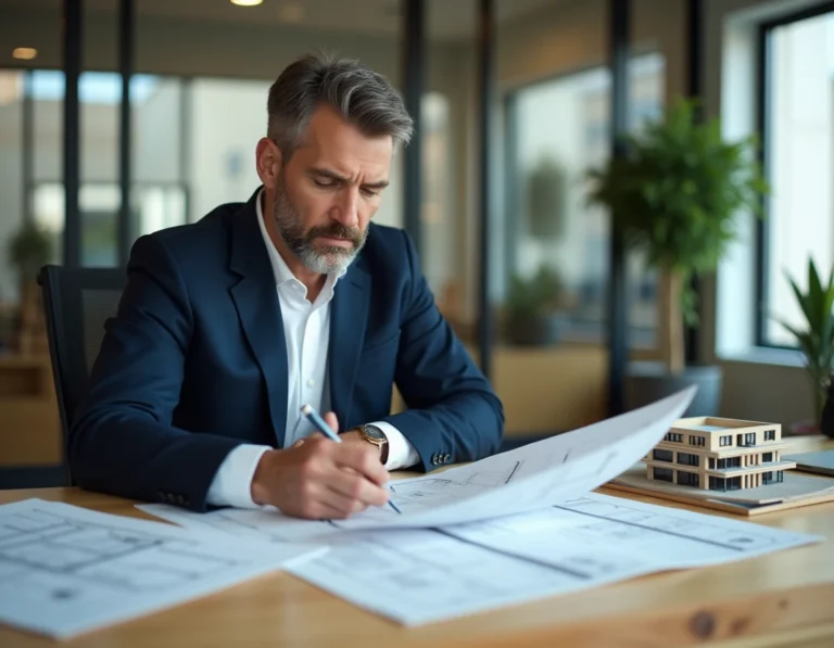 Propriétaire d'un bien mixte analysant des documents fiscaux et des plans architecturaux dans un bureau moderne