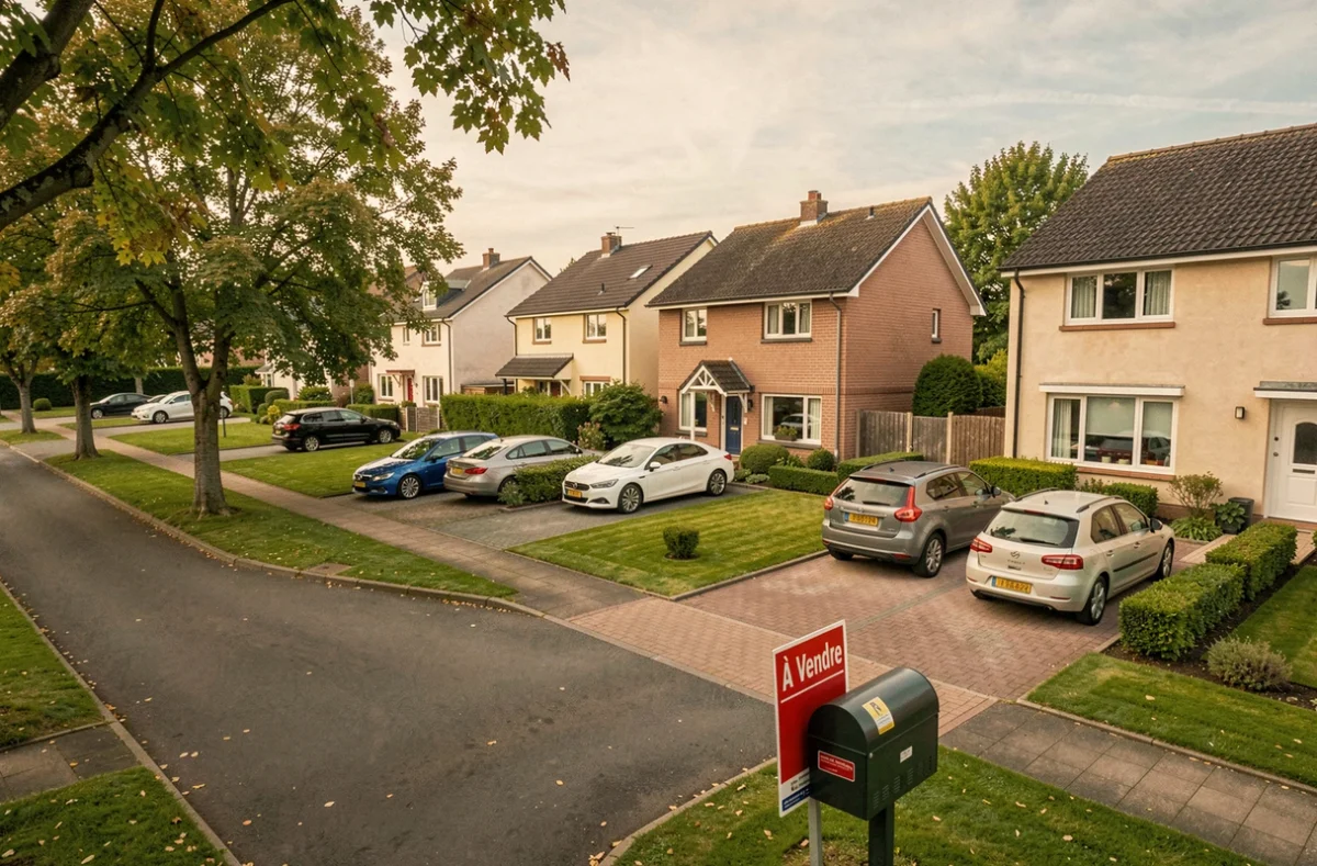 Quartier résidentiel pavillonnaire avec panneau à vendre devant une maison, analyse du marché immobilier en France