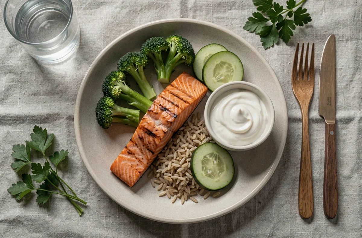 Repas équilibré recommandé pendant un traitement à la cortisone avec protéines maigres, légumes et produits laitiers