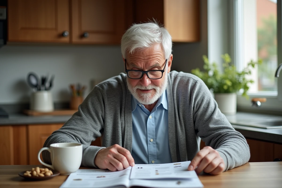 Homme âgé consultant des ressources sur la santé des seniors à la table de sa cuisine avec une tasse de tisane