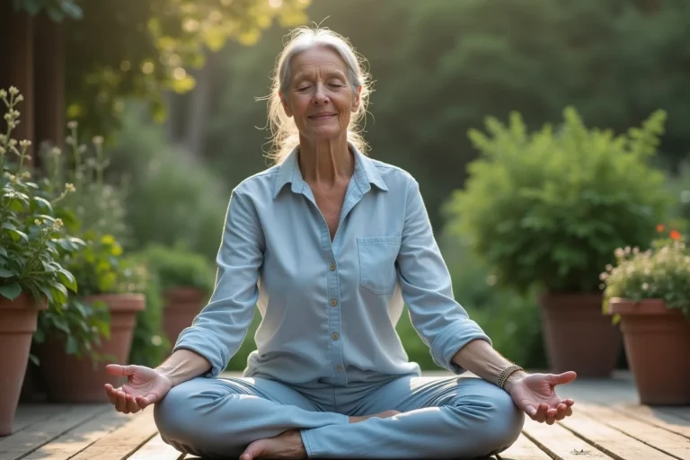 Femme senior pratiquant le yoga en plein air sur une terrasse en bois entourée d'un jardin verdoyant, pour améliorer sa santé et son bien-être