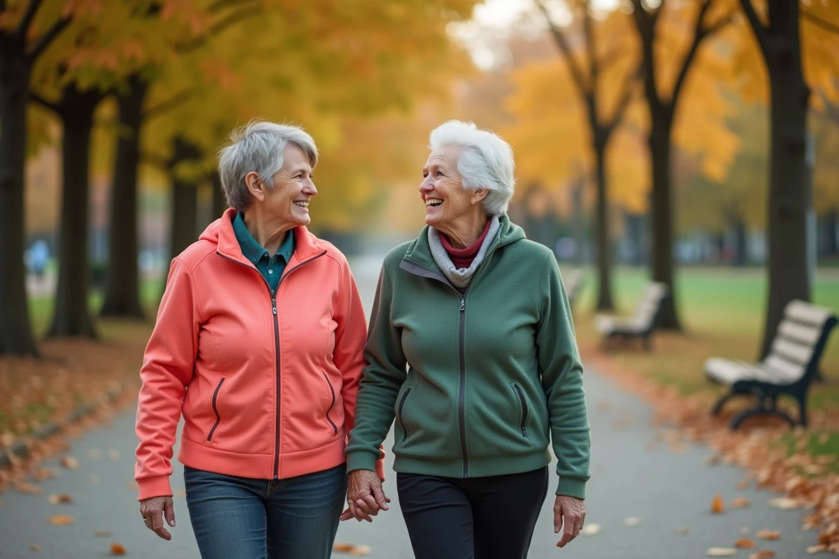 Deux femmes seniors marchant ensemble dans un parc en automne, illustrant l'importance de l'activité physique et du lien social pour le bien-être des personnes âgées