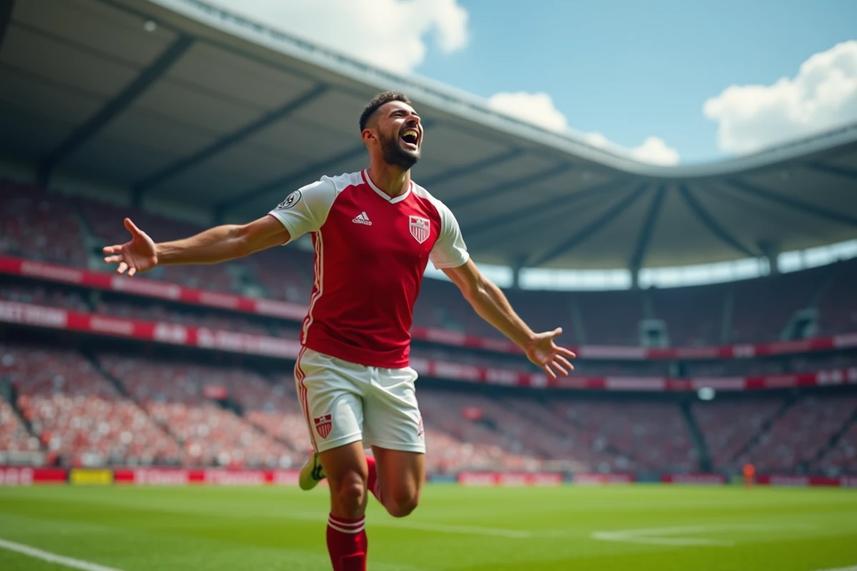Joueur de football célébrant un but dans un grand stade professionnel devant des gradins remplis de supporters, capturant l'essence des événements sportifs majeurs de 2024