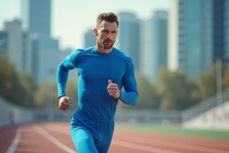 Athlète masculin en tenue de running moderne courant dans un complexe sportif urbain contemporain, illustrant les tendances sportives 2024