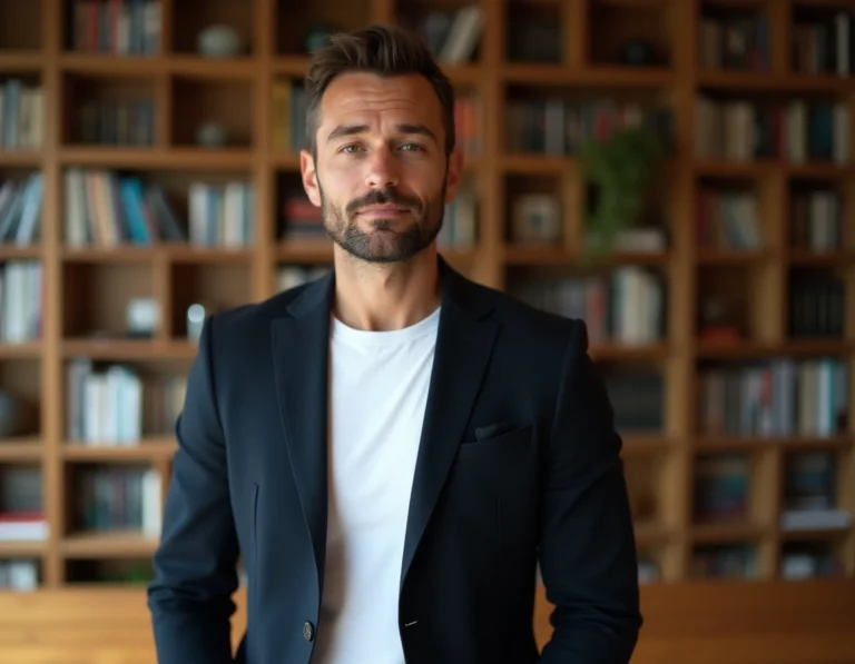 Portrait d'un homme élégant dans un appartement parisien aux étagères de livres, illustrant la vie privée d'Anthony Favalli