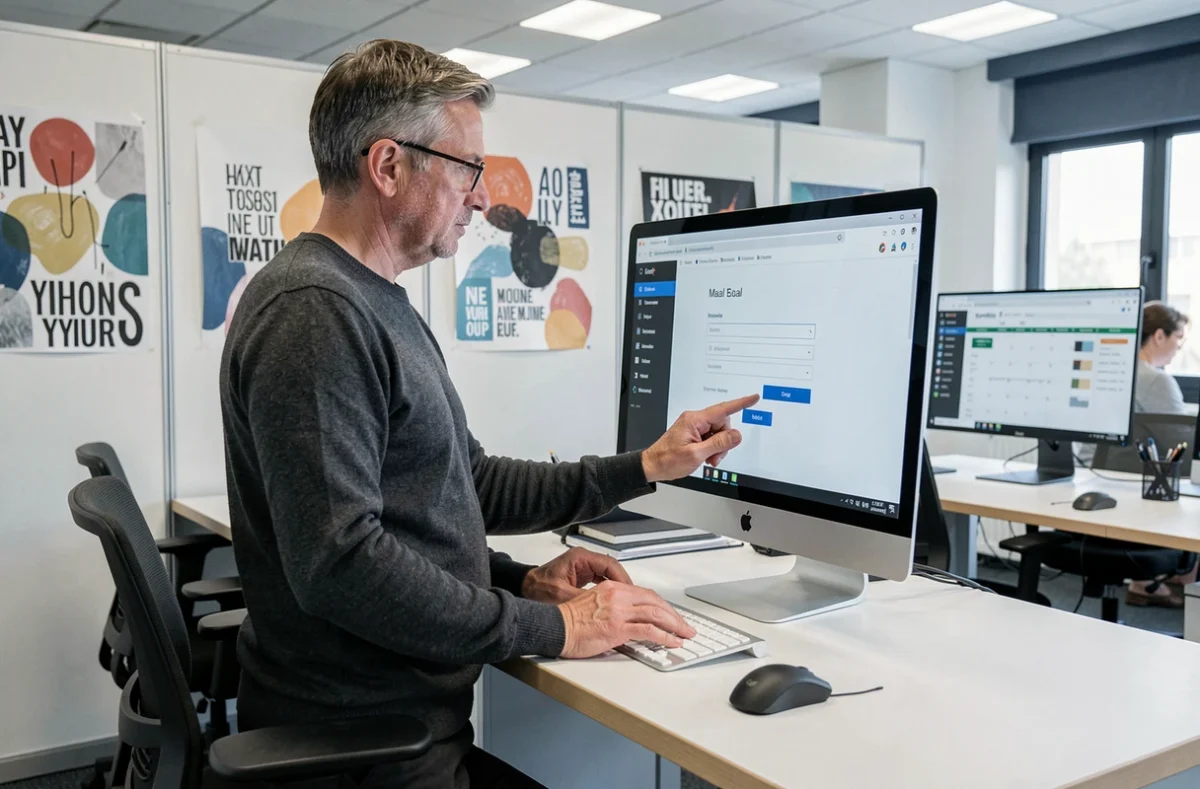 Personnel administratif masculin accédant au webmail ac-dijon sur un ordinateur de bureau dans une salle des professeurs moderne